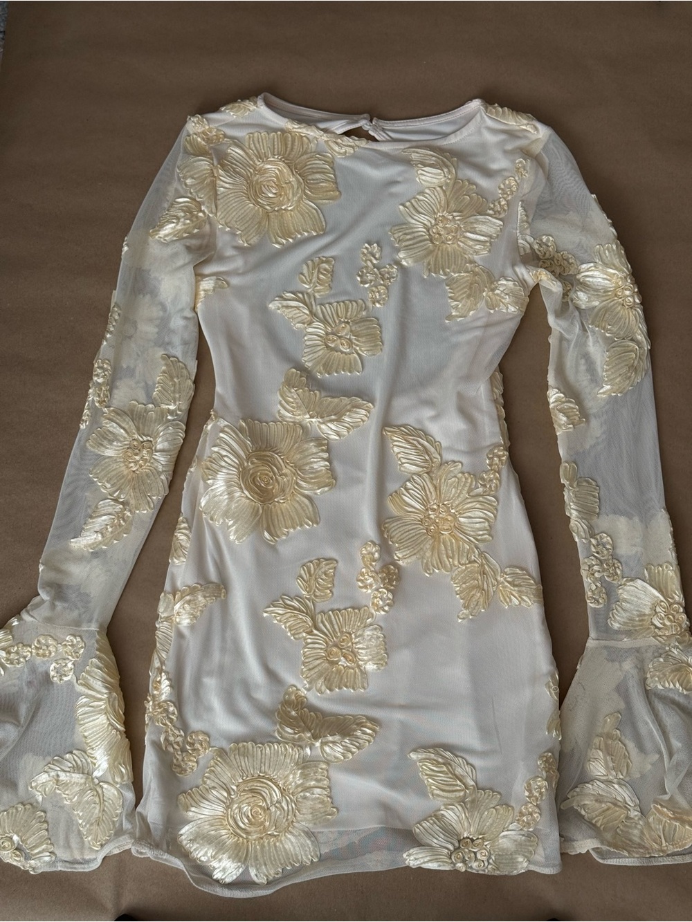 Elegant Cream Floral Appliqué Long Sleeve Dress